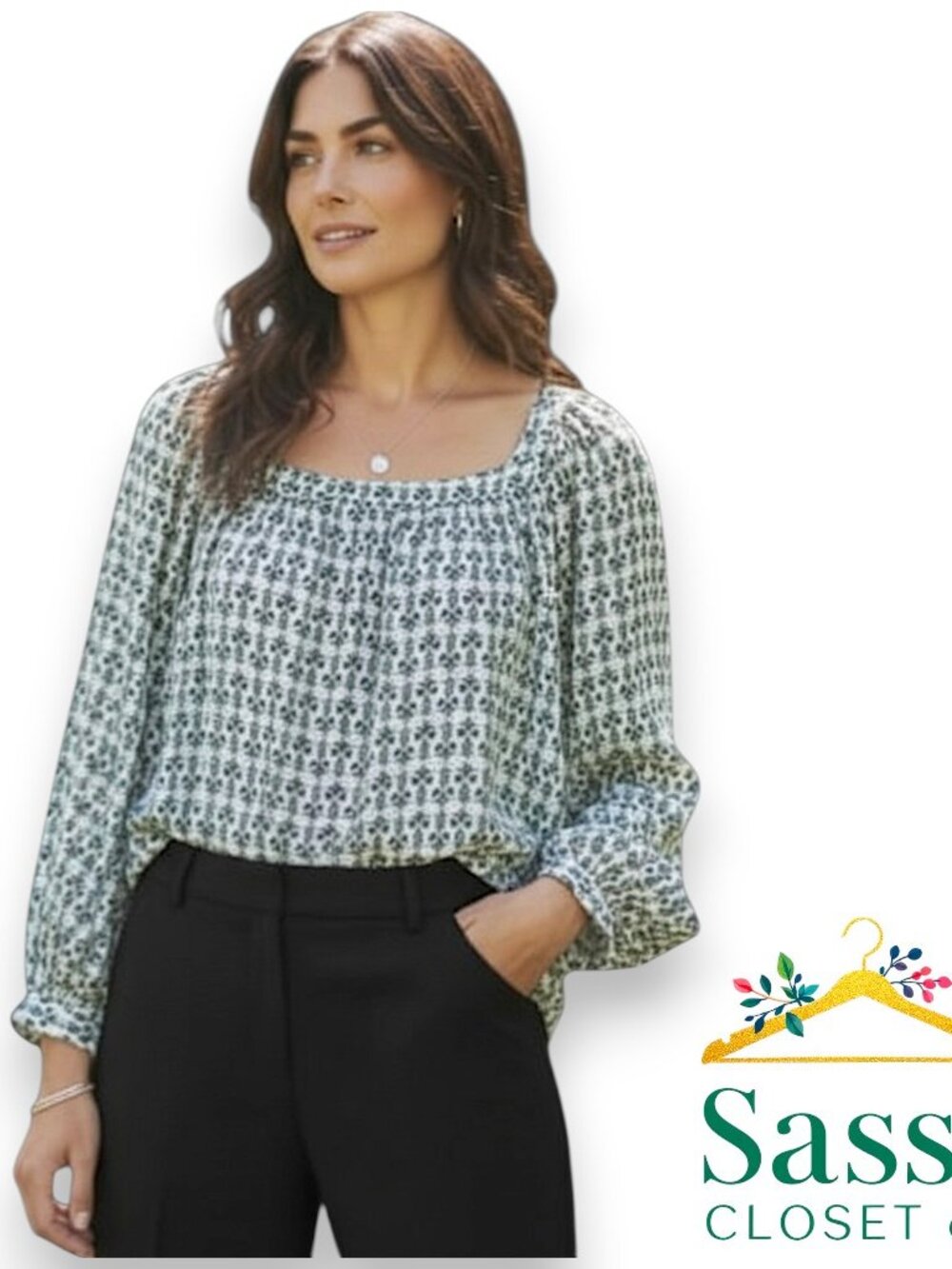 Ann Taylor Black White Floral Boatneck Long Sleeve Stretch Blouse Size XL EUC